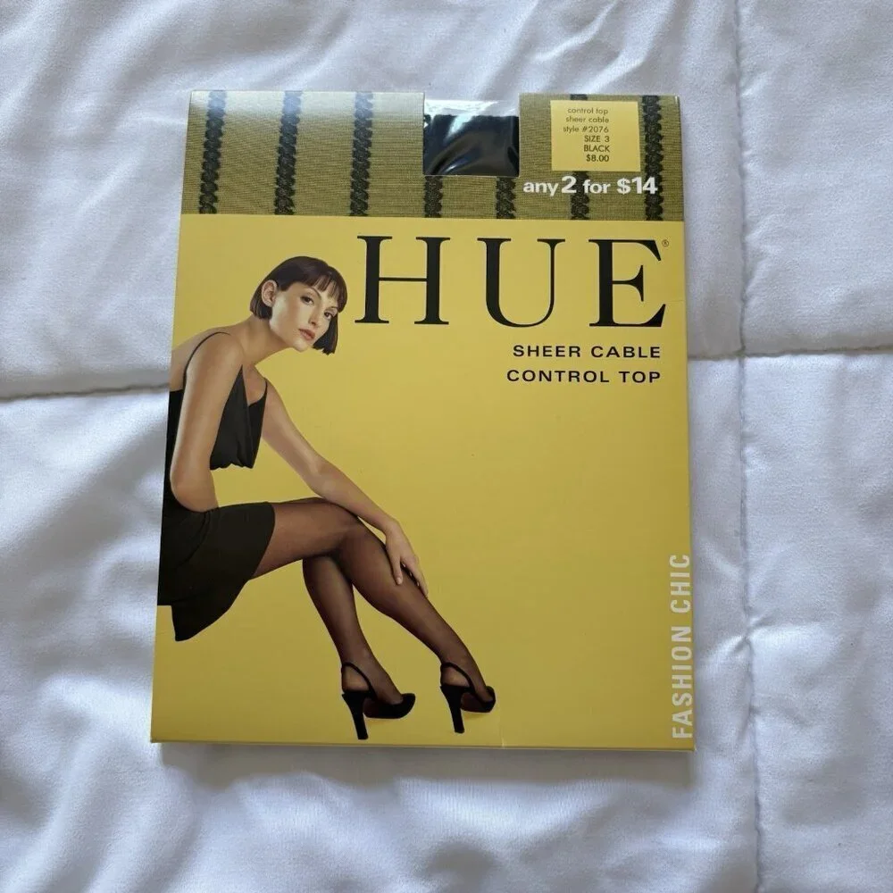 NEW Vintage HUE Womens 3 Black‎ Sheer Control Top Pantyhose #2076 Made In USA